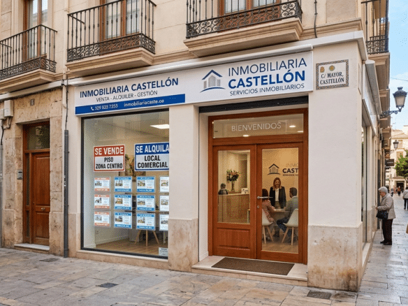 Fachada de inmobiliaria en Castellón en el centro histórico con carteles de se vende y se alquila - Arimar Inmuebles