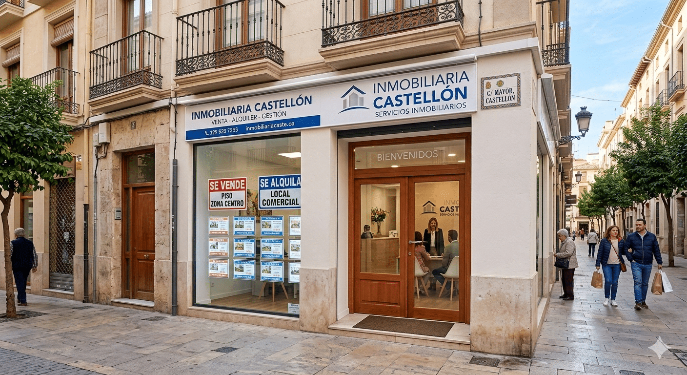 Fachada de inmobiliaria en Castellón en el centro histórico con carteles de se vende y se alquila - Arimar Inmuebles