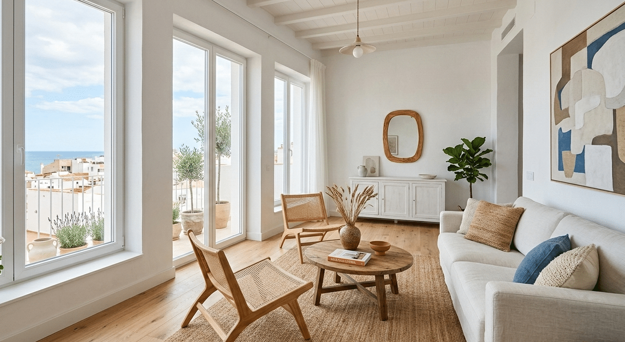 Salón amplio y luminoso de piso en alquiler en Castellón con ventanales y vistas, estilo moderno