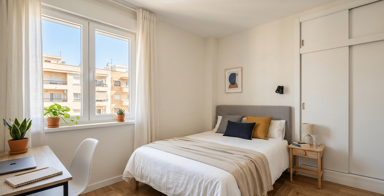 Dormitorio de matrimonio en piso de alquiler en Castellón - habitación amplia con armario y luz natural
